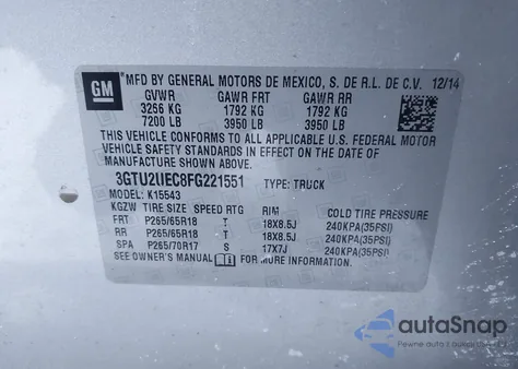 2015 GMC Sierra 1500 Sle from USA, damaged, VIN 3GTU2UEC8FG221551